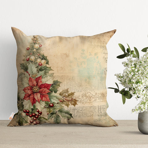 Christmas Throw Pillowtop|Santa Claus Cushion Cover|Winter Pillow Cover|Xmas Cushion Case|Floral Porch Decor|Red Poinsettia Pillow Case