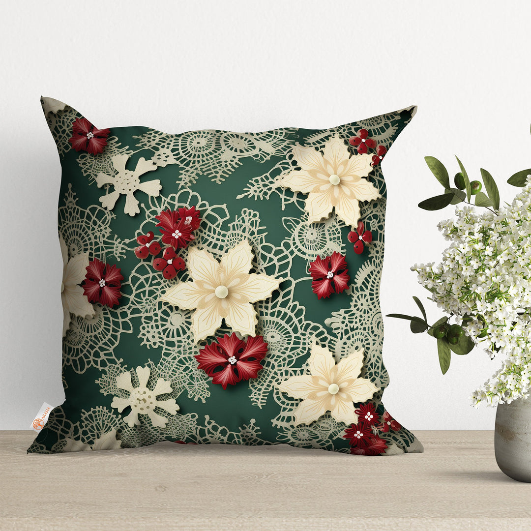 Christmas Cushion Cover|Lace Pattern Throw Pillowtop|Floral Pillow Case|Berry Print Cushion Case|Winter Pillow Cover|Xmas Porch Decor