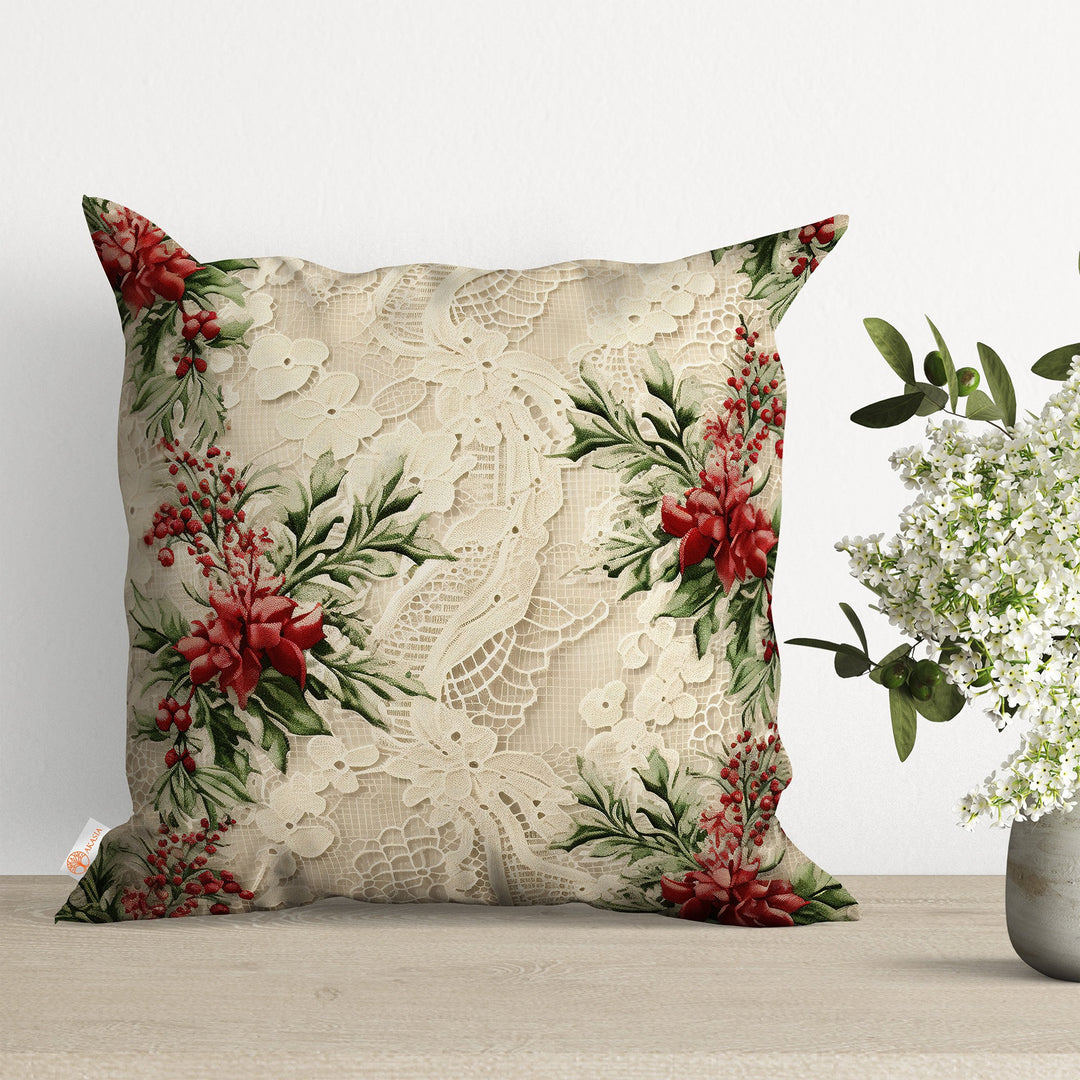 Christmas Cushion Cover|Lace Pattern Throw Pillowtop|Floral Pillow Case|Berry Print Cushion Case|Winter Pillow Cover|Xmas Porch Decor