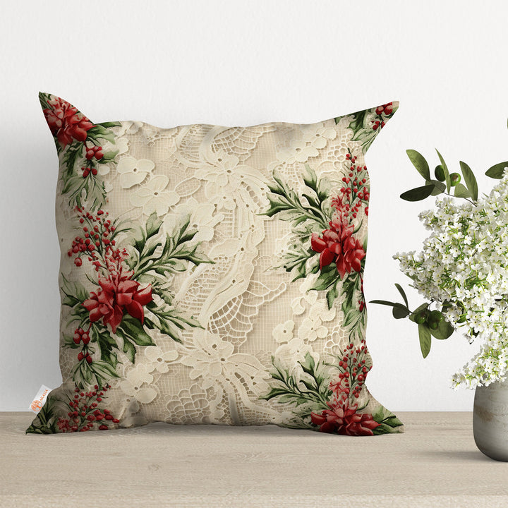 Christmas Cushion Cover|Lace Pattern Throw Pillowtop|Floral Pillow Case|Berry Print Cushion Case|Winter Pillow Cover|Xmas Porch Decor