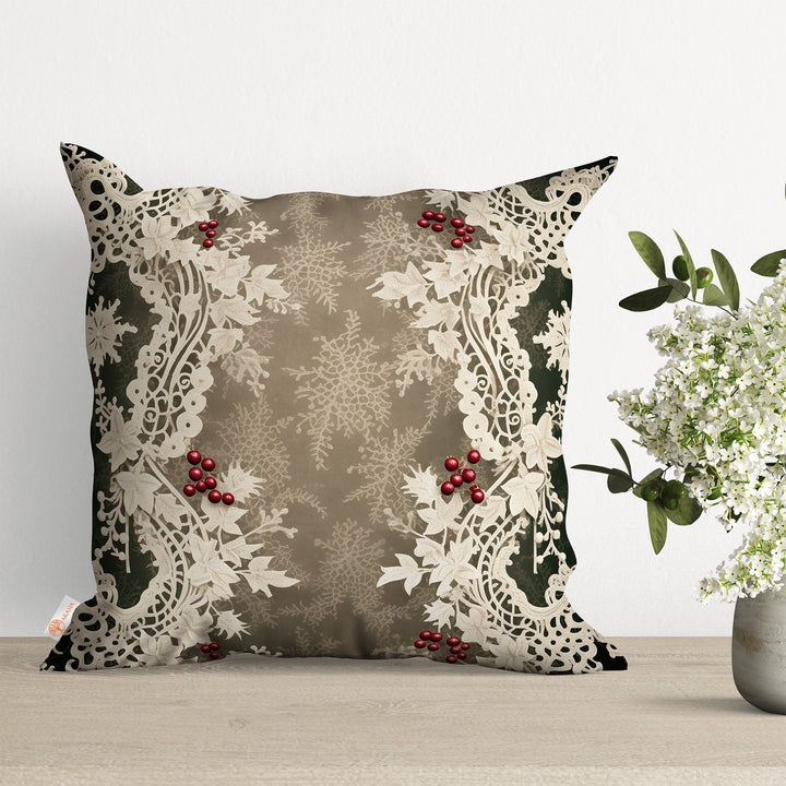 Christmas Cushion Cover|Lace Pattern Throw Pillowtop|Floral Pillow Case|Berry Print Cushion Case|Winter Pillow Cover|Xmas Porch Decor