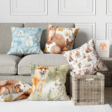 Winter Throw Pillowtop|Decorative Xmas Pillow Case|Animal Print Porch Decor|Polar Bear Cushion Case|Fox Pillow Cover|Squirrel Cushion Cover