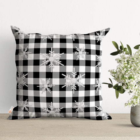 Checkered Snowflake Throw Pillowtop|Plaid Pattern Porch Decor|Winter Pillow Case|Xmas Cushion Cover|Geometric Pillow Cover|Black White Decor