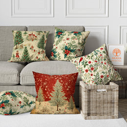Christmas Cushion Cover|Decorated Xmas Tree Cushion Case|Berry Pillow Cover|Floral Porch Decor|Winter Throw Pillowtop|Bird Print Pillow Case