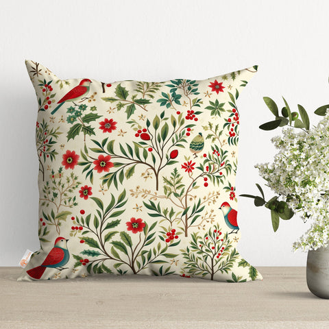 Christmas Cushion Cover|Decorated Xmas Tree Cushion Case|Berry Pillow Cover|Floral Porch Decor|Winter Throw Pillowtop|Bird Print Pillow Case