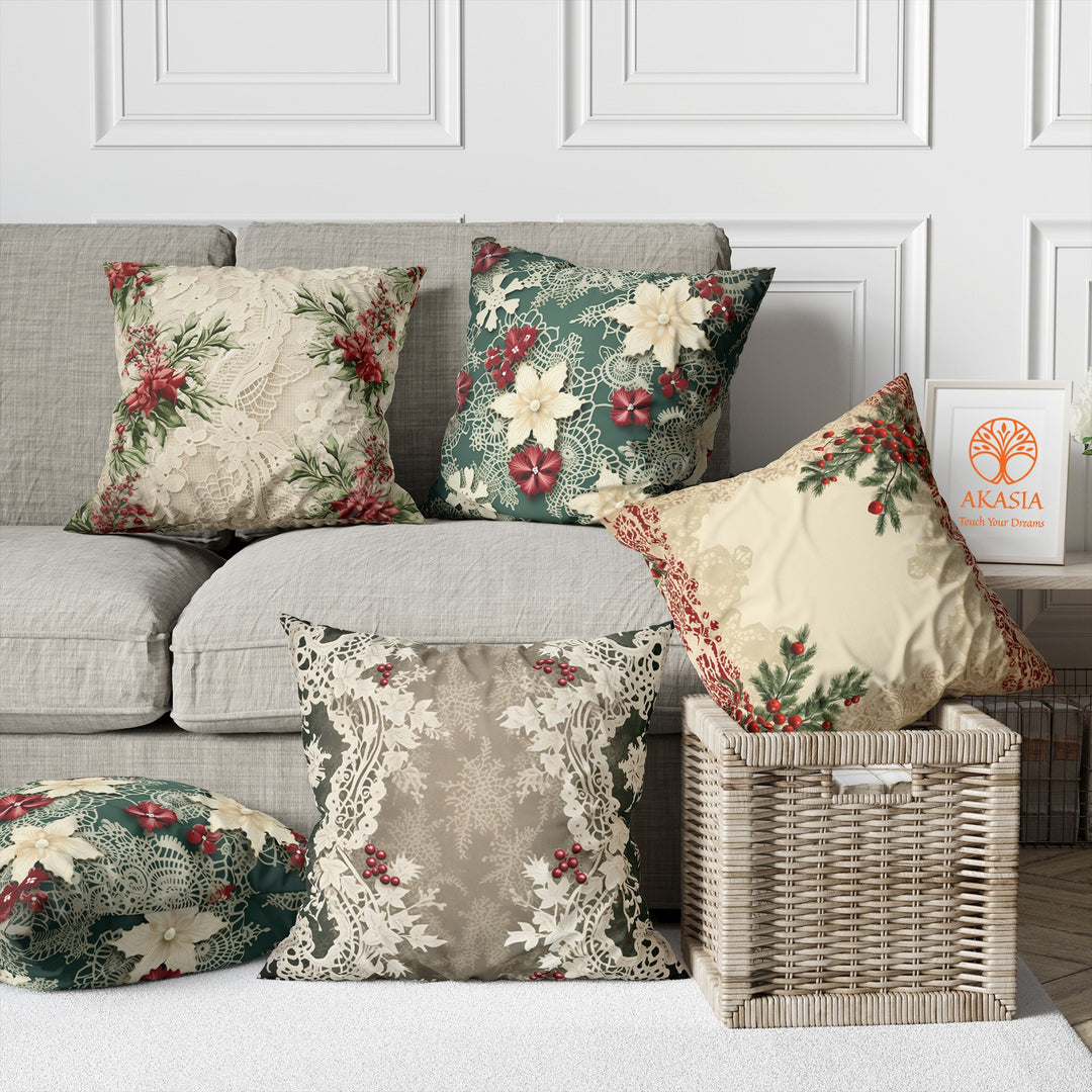 Christmas Cushion Cover|Lace Pattern Throw Pillowtop|Floral Pillow Case|Berry Print Cushion Case|Winter Pillow Cover|Xmas Porch Decor
