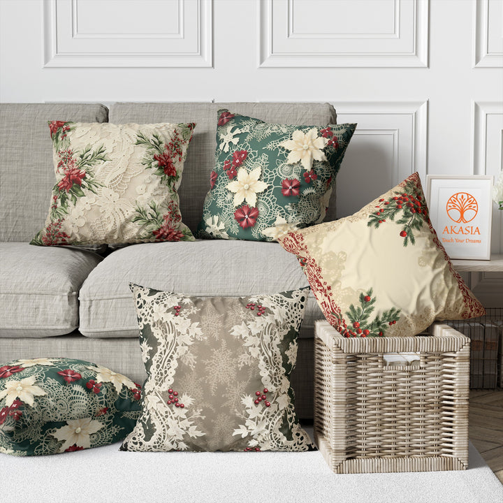 Christmas Cushion Cover|Lace Pattern Throw Pillowtop|Floral Pillow Case|Berry Print Cushion Case|Winter Pillow Cover|Xmas Porch Decor