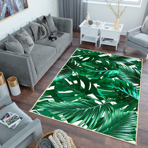 Tropical Plant Rug|Green Leaves Rug|Decorative Carpet|Machine-Washable Non-Slip Rug|Cozy Living Room Rug|Multi-Purpose Anti-Slip Carpet