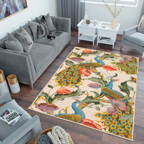 Peacock Print Rug|Animal Print Living Room Rug|Floral Carpet|Machine-Washable Non-Slip Mat|Decorative Multi-Purpose Anti-Slip Mat|Cozy Rug