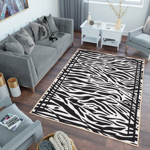 Zebra Stripe Print Rug|Safari Animal Black & White Carpet|Cozy Farmhouse Floor Covering|Multi-Purpose Anti-Slip Machine-Washable Carpet