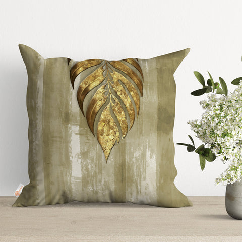 Leaf and Feather Cushion Case|Decorative Farmhouse Pillowtop|Cozy Home Decor|Housewarming Throw Pillowcase|Gold Tropical Leaf Pillow Case