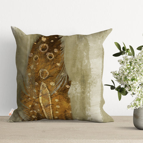 Leaf and Feather Cushion Case|Decorative Farmhouse Pillowtop|Cozy Home Decor|Housewarming Throw Pillowcase|Gold Tropical Leaf Pillow Case