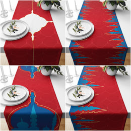 Minaret Print Runner|Red Blue Table Centerpiece|Islamic Table Runner|Eid Mubarak Table Decor|Religious Table Dressing|Authentic Tablecloth