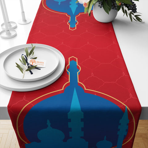Minaret Print Runner|Red Blue Table Centerpiece|Islamic Table Runner|Eid Mubarak Table Decor|Religious Table Dressing|Authentic Tablecloth