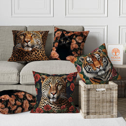 Floral Animal Pillow Cover|Tiger Cushion Case|Black Cat Pillowcase|Leopard Throw Pillow Cover|Animal Portrait Cushion Case|Farmhouse Gift